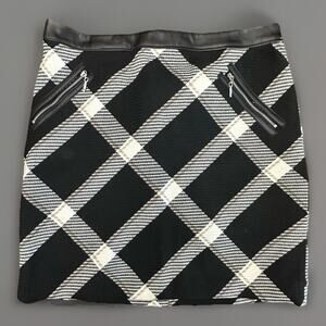 White House Black Market Mini Skirt Faux Leather Trim Plaid Wool Look Size 10